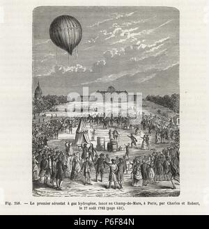 First flight in a hydrogen gas balloon by Professor Jacques Charles and the Robert brothers, Anne-Jean and Nicolas-Louis, August 1783. Woodblock engraving by A.St. from Louis Figuier's 'Les Merveilles de la Science: Aerostats' (Marvels of Science: Air Balloons), Furne, Jouvet et Cie, Paris, 1868. Stock Photo