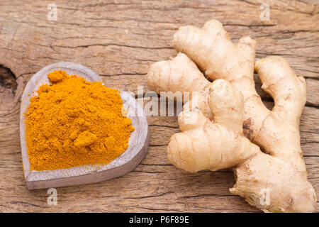 ginger roots and turmeric on the table, top view Stock Photo