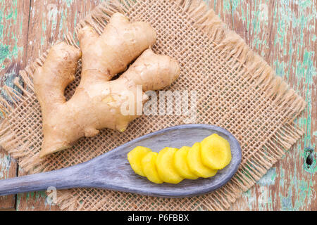 ginger roots on the table, top view Stock Photo