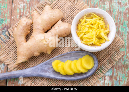 ginger roots on the table, top view Stock Photo