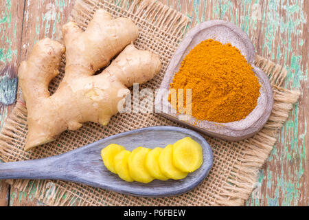 ginger roots and turmeric on the table, top view Stock Photo