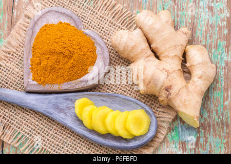ginger roots and turmeric on the table, top view Stock Photo