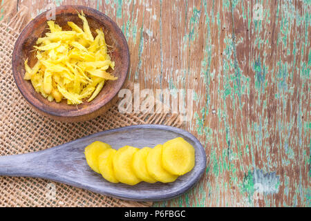 ginger roots on the table, top view Stock Photo