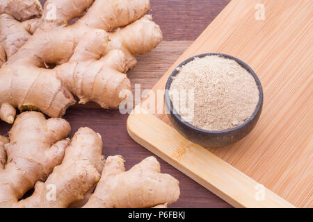 ginger roots on the table, top view Stock Photo