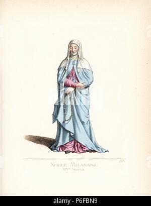 Noblewoman of Milan, 14th century. She wears a veil that falls to the shoulders while another veil envelopes her throat, blue cape, purple robe, and holds a rosary. From a monument to the Visconti family in Brera chapel. Handcoloured illustration drawn and lithographed by Paul Mercuri with text by Camille Bonnard from 'Historical Costumes from the 12th to 15th Centuries,' Levy Fils, Paris, 1860. Stock Photo