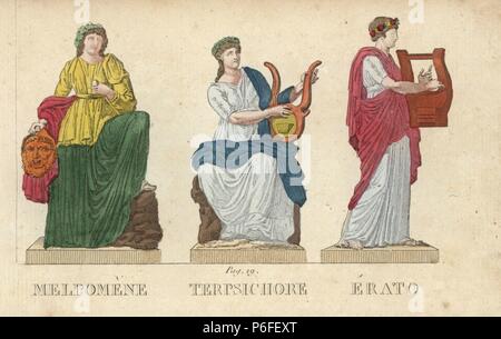 Melpomene, Terpsichore and Erato, Greek muses of tragedy, dance and love poetry. Handcoloured copperplate engraving engraved by Jacques Louis Constant Lacerf after illustrations by Leonard Defraine from 'La Mythologie en Estampes' (Mythology in Prints, or Figures of Fabled Gods), Chez P. Blanchard, Paris, c.1820. Stock Photo