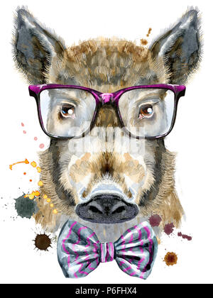 Cute piggy. Wild boar for T-shirt graphics. Watercolor brown boar illustration with glasses and a bow tie Stock Photo