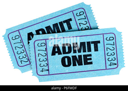Two blue admit one tickets isolated on white background. Stock Photo