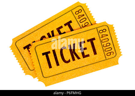Two orange movie tickets isolated on a white background. Stock Photo