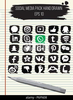 Collection of popular social media icons.Vector illustration.Hand drawn. Stock Vector