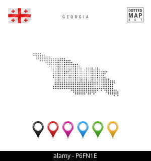 Dotted Map of Georgia. Simple Silhouette of Georgia. The National Flag of Georgia. Set of Multicolored Map Markers. Illustration Isolated on White Bac Stock Photo