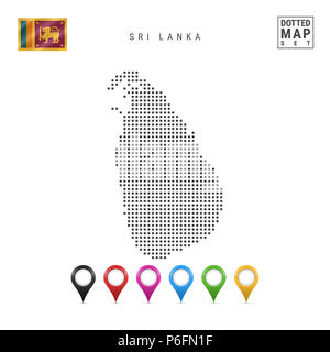 Dotted Map of Sri Lanka. Simple Silhouette of Sri Lanka. The National Flag of Sri Lanka. Set of Multicolored Map Markers. Illustration Isolated on Whi Stock Photo