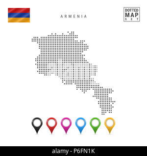 Dotted Map of Armenia. Simple Silhouette of Armenia. The National Flag of Armenia. Set of Multicolored Map Markers. Illustration Isolated on White Bac Stock Photo