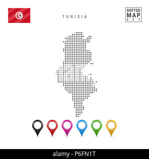 Dotted Map of Tunisia. Simple Silhouette of Tunisia. The National Flag of Tunisia. Set of Multicolored Map Markers. Illustration Isolated on White Bac Stock Photo