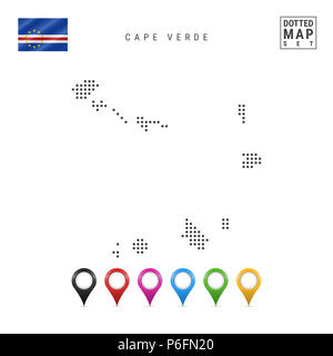 Dotted Map of Cape Verde. Simple Silhouette of Cape Verde. The National Flag of Cape Verde. Set of Multicolored Map Markers. Illustration Isolated on  Stock Photo