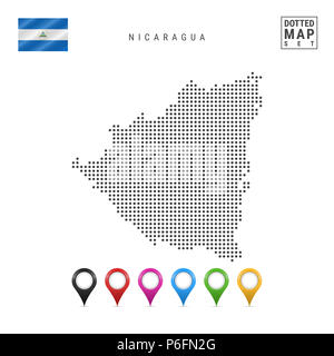 Dotted Map of Nicaragua. Simple Silhouette of Nicaragua. The National Flag of Nicaragua. Set of Multicolored Map Markers. Illustration Isolated on Whi Stock Photo