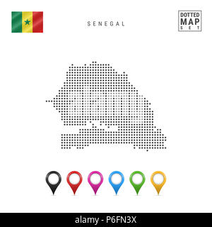 Dotted Map of Senegal. Simple Silhouette of Senegal. The National Flag of Senegal. Set of Multicolored Map Markers. Illustration Isolated on White Bac Stock Photo