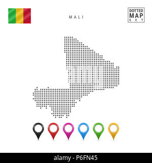 Dotted Map of Mali. Simple Silhouette of Mali. The National Flag of Mali. Set of Multicolored Map Markers. Illustration Isolated on White Background. Stock Photo