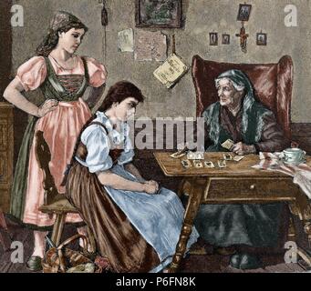 At fortune teller's house. Engraving by Walla. L'Illustration, 1885. Colored. Stock Photo