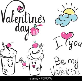 Ice cream character holding in his hand a cherry. Valentines day lettering and hand drawn illustration. I love you. Vector card with handwritten calligraphy text and red heart on white background. Stock Vector