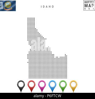 Dots Pattern Vector Map of Idaho. Stylized Silhouette of Idaho. Flag of Idaho. Set of Multicolored Map Markers Stock Vector