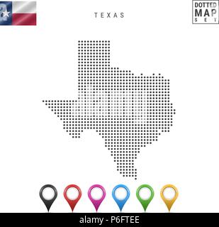 Dots Pattern Vector Map of Texas. Stylized Silhouette of Texas. Flag of Texas. Set of Multicolored Map Markers Stock Vector