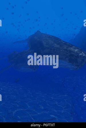 whale with baby swimming in deep sea 3d illustration wallpaper. Stock Photo