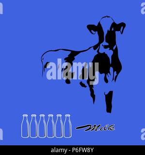 Abstract portrait of big cow. Black and blue silhouette of cow on black background. Stock Vector