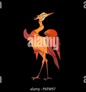 Lovely bird type stork in Japanese style, colored feathers on black  background Stock Vector