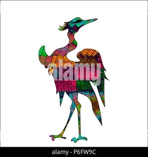 Lovely bird type stork in Japanese style, colored feathers on a white background Stock Vector