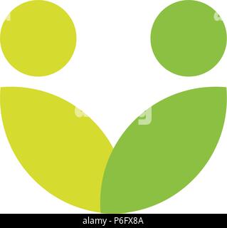 Green leaves logo, abstract stylized people icon, vegan community, people health care, organic food symbol Stock Vector
