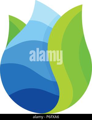 Drop vector logo. Water abstract icon. Sea wave inside drop with green leaf. Abstract simple isolated blue symbol, illustration on white background. Stock Vector