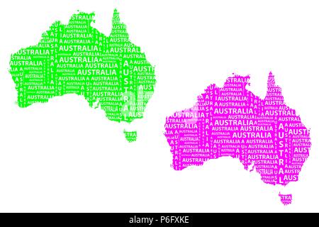 Sketch Australia letter text continent, Australia word - in the shape of the continent, Map of continent Australia - green and purple vector illustrat Stock Vector