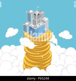 Flat 3d isometric business building on stack of coin above the cloud. Business success and economic growth concept. Stock Vector