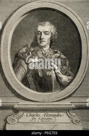 Prince Charles Alexander of Lorraine (1712-1780 ). Austrian general and soldier, governor and de facto sovereign of the Austrian Netherlands, and sometime duke of Lorraine. Engraving by John Daulle. Taken from painting by Meytens. Historia Universal, 1885. Stock Photo