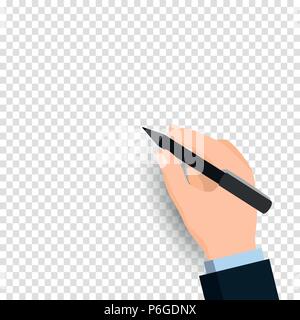 Hand holding pen and writing isolated on transparent background. Businessman hand with pen writing on Transparency only in vector file - Vector illust Stock Vector