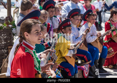 ROSTOV-ON-DON, RUSSIA - JUNE 17, 2018: Cossack show at the airport on match day Stock Photo