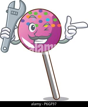 Mechanic lollipop with sprinkles mascot cartoon Stock Vector