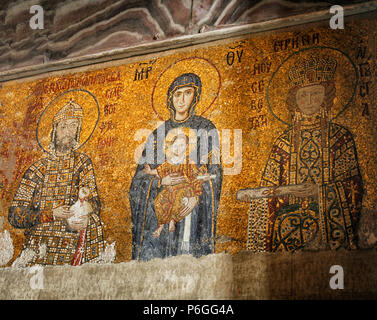 Mosaic of Virgin Mary and Infant Jesus Christ found in the old church of Hagia Sophia. Constructed during Byzantine era. Stock Photo