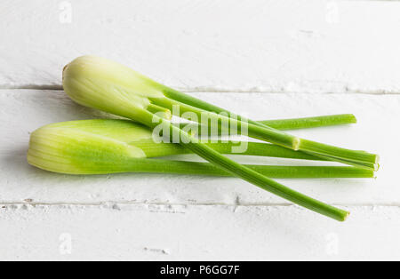 Fresh fennel isolated on white rustic wooden table Stock Photo
