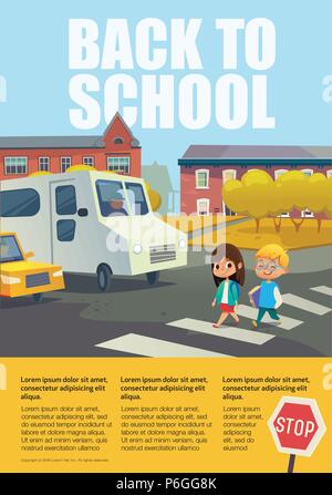 Pair of cheerful school kids walking across zebra crossing in front of stopped cars against trees and buildings on background. Educational poster with traffic sign and text box. Vector illustration Stock Vector