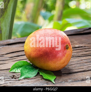 Ripe mango fruit with mango leaves on wooden background. Stock Photo