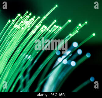 Bundle of optical fibers with green lights. Stock Photo