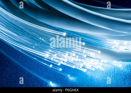 Network cables and optical fibers with light on blue background. Stock Photo