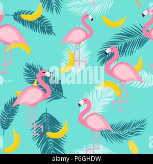 Beautifil Summer Seamless Pattern Background with Palm Tree Leaf Silhouette, Banana and Ice Cream. Vector Illustration Stock Vector
