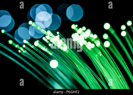 Bundle of optical fibers with green light. Black background. Stock Photo