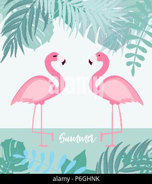 Abstract Summer Background with Palm Leaves and Flamingo. Vector Illustration Stock Vector