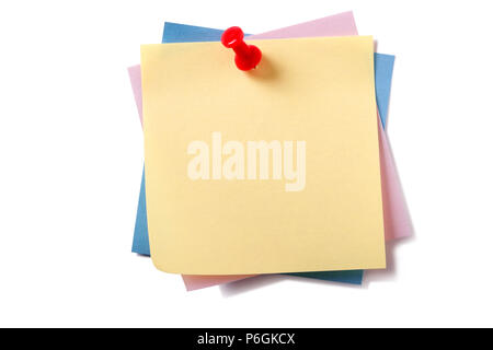 Untidy stack various different colors sticky post notes pinned isolated on white Stock Photo