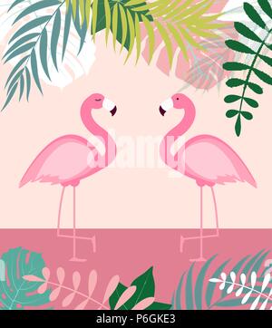 Abstract Summer Background with Palm Leaves and Flamingo. Vector Illustration Stock Vector