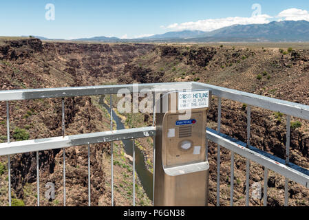 Rio Grande Bridge Emergency Hotline Kiosk with the Gorge in the Background. Stock Photo